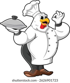 Frango posar com a mão de sinal agradável e trouxe uma panela de prata e ele vestindo os atributos do chef