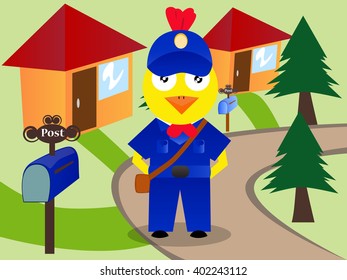 Chicken as post office worker delivering the letters.