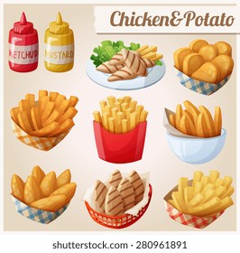 Chicken And Potato. Set Of Cartoon Vector Food Icons. Ketchup, Mustard, Grilled Chicken Strips, French Fries, Chicken Fingers, Sweet Potato Fries, Nuggets