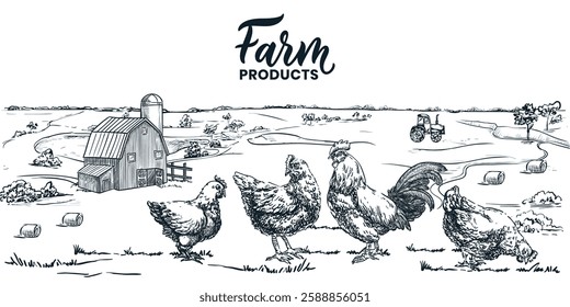 Chicken poultry farm hand drawn sketch vector vintage illustration. Hens, rooster on meadows on countryside ranch fields. Farming and agriculture rural landscape background