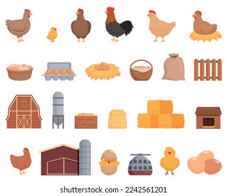 Chicken poultry farm icons set cartoon vector. Feed production. Hen egg