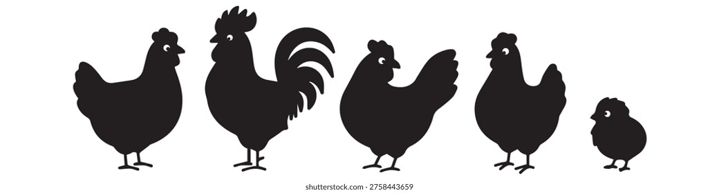 Chicken and Poultry Line Icon Set, Hen, Rooster and Chick Farm Animal Symbols.
