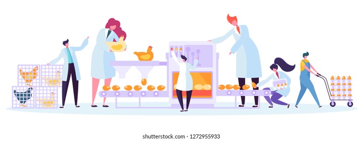 Chicken Poultry Production Factory Machine Set. Commercial Character Making Egg Machinery Packing Process at Manufacture Line. Flowchart Equipment Flat Cartoon Vector Illustration