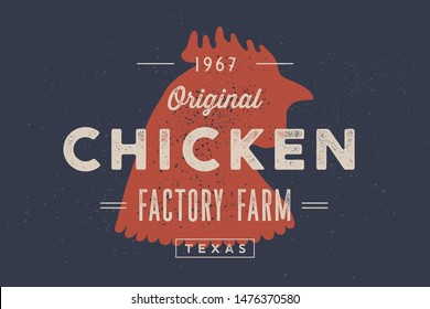 Chicken, poultry. Vintage logo, retro print, poster for Butchery meat shop with text typography Chicken, Farm, chicken silhouette. Label template meat chicken. Vector Illustration