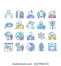 Chicken Pox Disease Collection doodle icons set vector. Ill Research Medicaments Vaccine, Cough Rash Chicken Pox Symptoms Treatment sketch hand drawn