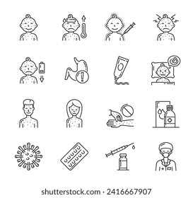 Chicken pox icons, virus disease, health infection symptoms and medicine, vector line symbols. Medical line icons of chicken pox vaccine, baby body and child face or skin rash measles and treatments