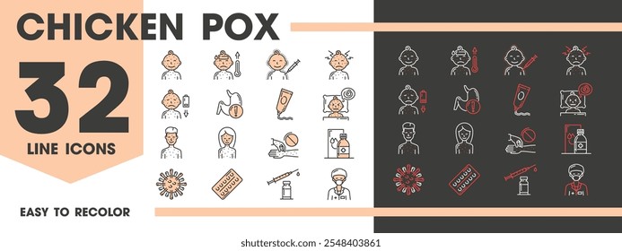 Chicken pox line icons, vector signs of rash spots, blisters, thermometer, calamine lotion, virus cell, sick kid and adult, medical syringes and healthcare symbols of diagnosis, symptoms and treatment