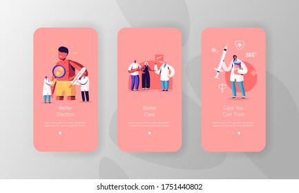 Plantilla de pantalla de la página de aplicación móvil de Polen Pox. Pequeño personaje médico que mira a un niño enorme con síntomas de varicela. Vacunación, Concepto de Prevención Médica. Ilustración de vectores de personas de caricatura