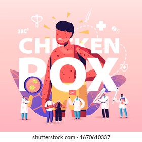 Concepto de pollo Pox Varicela. Pequeños doctores personajes cerca de Enorme Chico con granos rojos en el cuerpo. Cartel de Afiche Médico de Vacunación, Prevención e Inmunización de Personas. Ilustración de vectores de caricatura