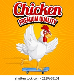 Chicken premium quality banner with white chicken cartoon character illustration