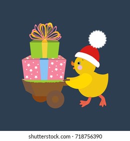 Chicken with presents on the blue background. Vector illustration