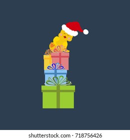 Chicken with presents on the blue background. Vector illustration