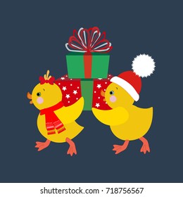 Chicken with presents on the blue background. Vector illustration