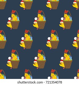 Chicken with presents pattern on the blue background. Vector illustration