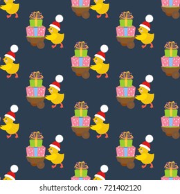 Chicken with presents pattern on the blue background. Vector illustration