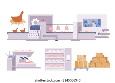 Chicken production, factory line with machinery. Infographic chain with slaughterhouse, processing of animal meat, refrigeration storage, distribution flat vector illustration. Food industry concept