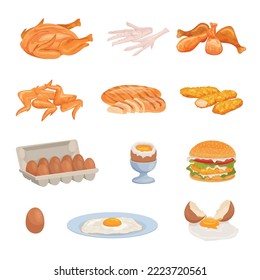 Productos de pollo de juego plano con imágenes aisladas de carne frita asada y huevos crudos con ilustración vectorial de hamburguesa