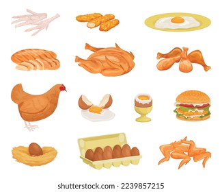 Chicken products flat set of isolated icons with hen and eggs with products ready to eat vector illustration