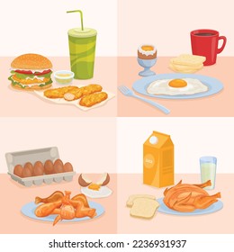 Chicken products flat set of square compositions with served food made with poultry eggs and fastfood vector illustration