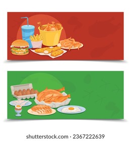 Chicken products flat set with two horizontal banners with images of home and fast food meals vector illustration