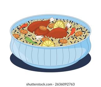 Chicken pulao biryani with lemon, carrot and peppers 2D cartoon object. Basmati rice with chilies and chicken legs. Indian cuisine isolated element flat vector clip art on white. Spot illustration
