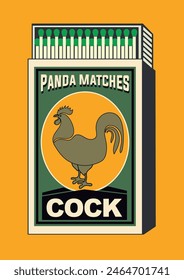 Chicken, pullet, bantam, bird, barnyard fowl, duck illustration in Matchbox art and matches vector. Vintage and antique matchbox packaging design illustration. retro style packaging. old style design.