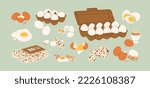 Chicken and quail eggs with broken and whole eggshell, yellow yolk. Raw, cooked, boiled, fried protein food in shell. Farm nutrition packed in box, container. Isolated flat vector illustrations