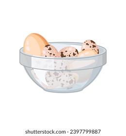 Chicken and quail eggs in a transparent deep bowl. Boiled or raw eggs. Eggs in a shell. Breakfast food. Healthy eating. Vector illustration in a flat style