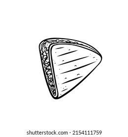 Chicken quesadillas with paprika and cheese drawn icon, traditional mexican dish. Monochrome outline vector illustration in retro style .