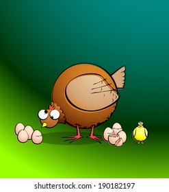 Chicken R Round - Hen Eggs and Chick. Part of a set. Efficient vector illustration using flat fills and gradients, no blends. All elements grouped and layered for easy editing.