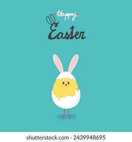 Chicken with rabbit ears hatched from an egg Happy Easter card. Vector illustration cartoon.