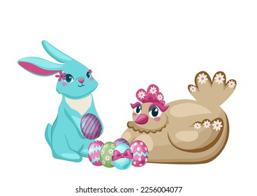 chicken and rabbit with easter egg. Vector illustration isolated on white background