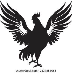 Chicken with raised wings, Basic simple Minimalist vector graphic, isolated on white background, black and white