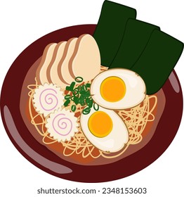 Chicken ramen with boiled eggs, nori, and naruto topping