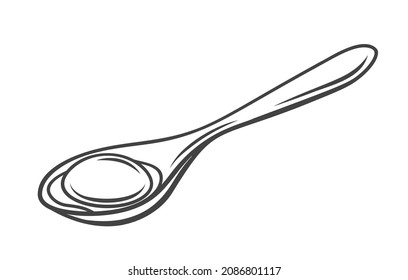 Chicken raw egg yolk on a metal spoon outline drawn vector illustration.