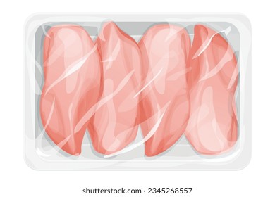 filete crudo de pollo en bandeja de plástico, embalaje con aves de corral al estilo de dibujos animados aislado sobre fondo blanco. Carne de engorde cubierta 