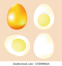 Chicken realistic egg. Set of boiled, half, sliced eggs. Vector illustration. Eggs in various forms.