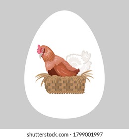 The chicken in realistic style is sitting in the nest. The hen is incubating eggs. Chicken in a basket.