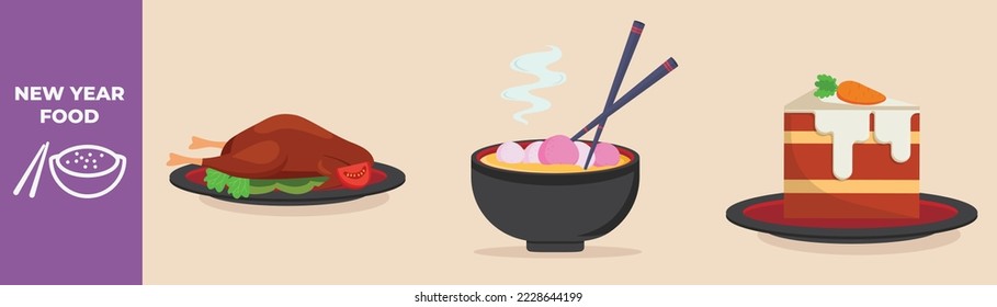 Chicken, rice balls in porcelain bowl and cake slice on plate. New year food concept. Flat vector illustrations isolated. 