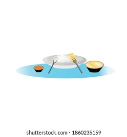chicken rice in a dish , Sauce in a cup and Soup in a cup