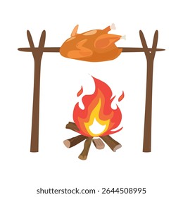 Frango assado no fogo. Clipart de cozinha ao ar livre. Frango assado. Fogueira cozinhando com frango e lenha. Camping elemento vetor plano em estilo de desenho animado isolado no fundo branco.