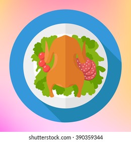 Chicken roasted with salad leafs, tomatoes and salami. Whole fried chicken flat vector icon. Chicken flat icon with long shadow.