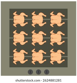 Chicken roaster turns chickens in the oven spit vector illustration isolated. Organic food BBQ. Tasty baked hot chicken street fast food restaurant. Chicken grill meat meal. 