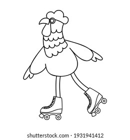 Chicken with roller skates - hand drawn black and white vector illustration.