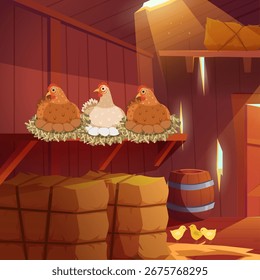 Galinha roost. interior do celeiro com fazenda de frango de feno. vetor desenhos animados fundo