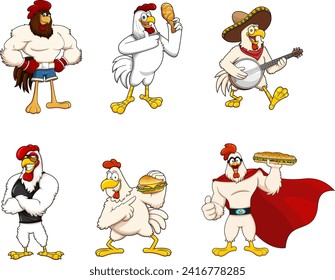 Personajes De Mascota De Cuadros De Pollos Y Gallos. Conjunto De Colección De Dibujo De Mano De Vector Aislado En Fondo Transparente