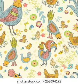Chicken and rooster cartoon seamless pattern, cute illustration