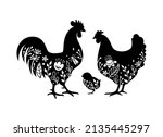 Chicken, rooster and chick silhouette with floral decorations. Retro farm sign. Spring farmhouse symbol. Coop vector emblem.