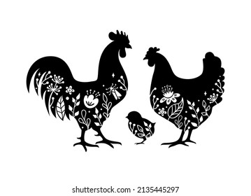 Chicken, rooster and chick silhouette with floral decorations. Retro farm sign. Spring farmhouse symbol. Coop vector emblem.