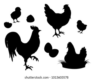 Chicken, rooster, chickens and eggs.Chicken farm set black silhouettes. Isolated elements of the illustration.Vector EPS 10